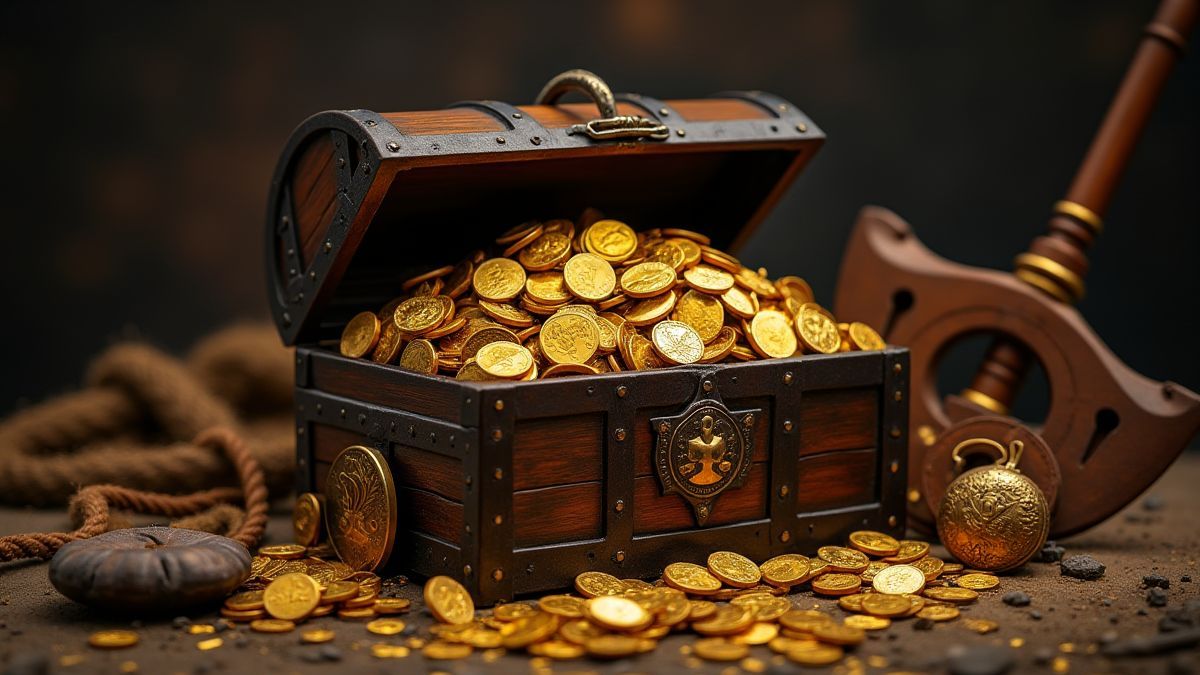 Schatztruhe voller Gold und Wikingerartefakte