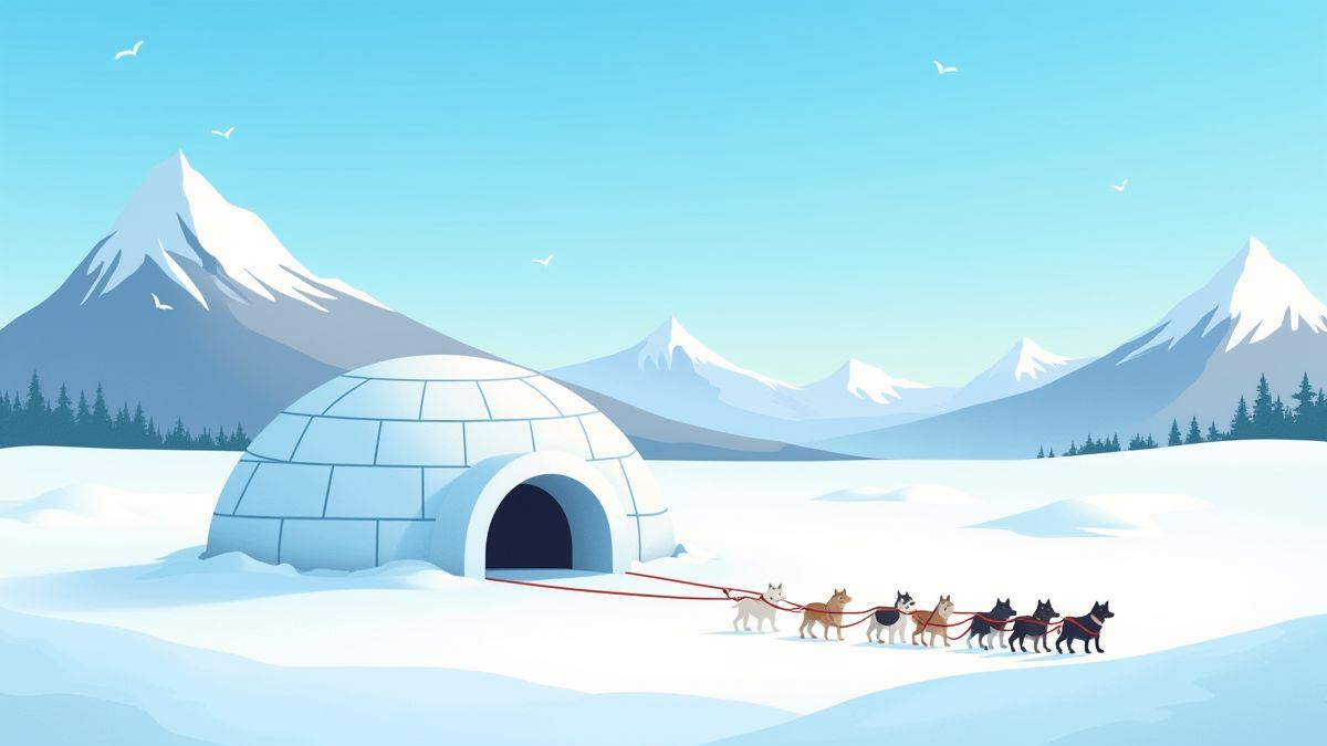 Iglú rodeado de neve com um equipe de cães de trenó.