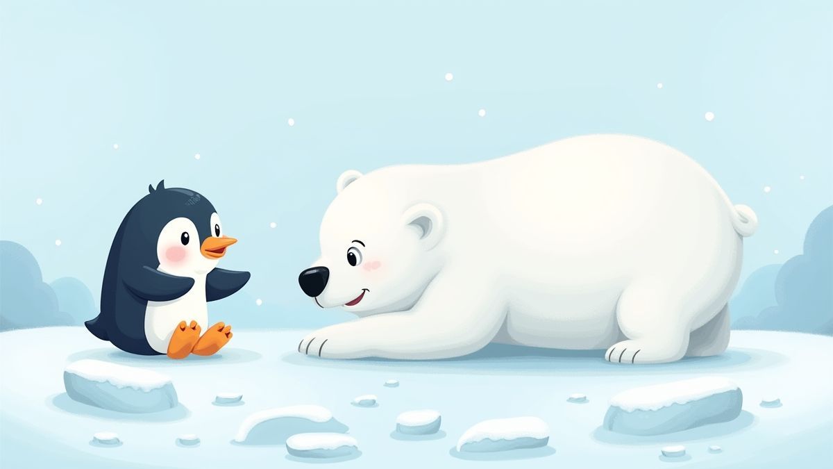 Pinguim e ursa polar brincando em terreno gelado.