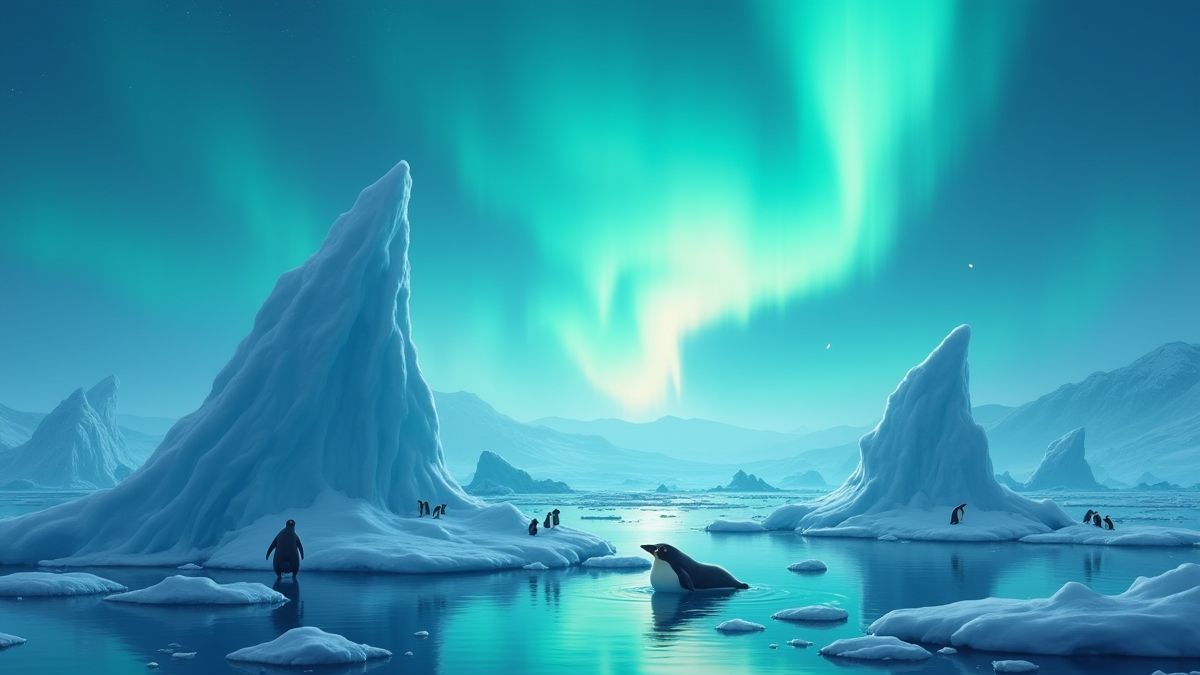 Aurora boreal iluminando um paisagem gelado com pinguins e focas.