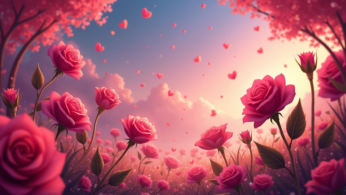 Escena vibrante de rosas y destellos activando giros gratis.