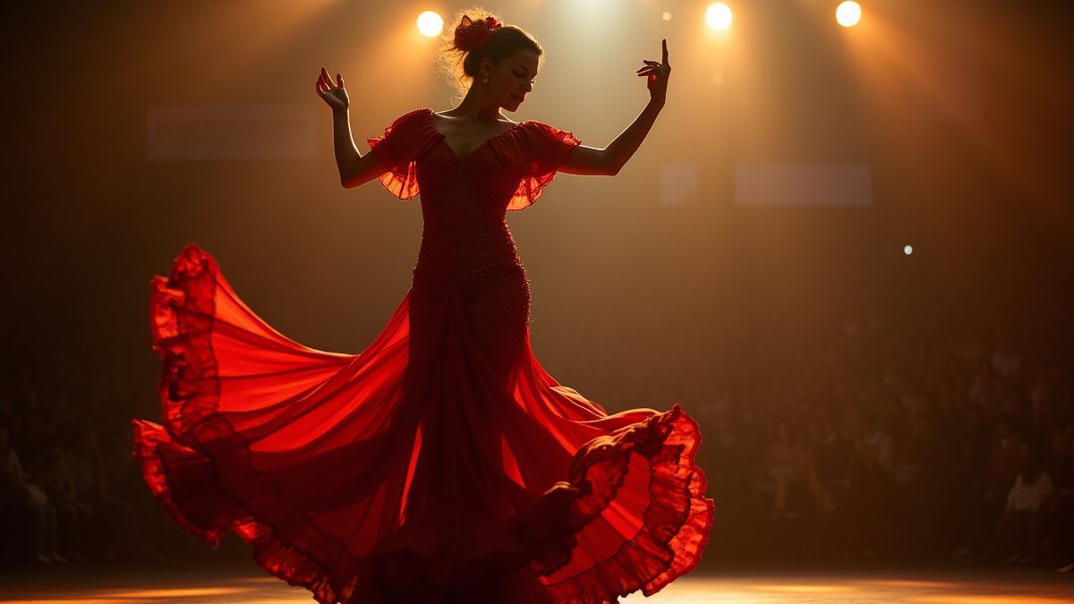 Bailarina española en traje tradicional realizando un flamenco apasionado.
