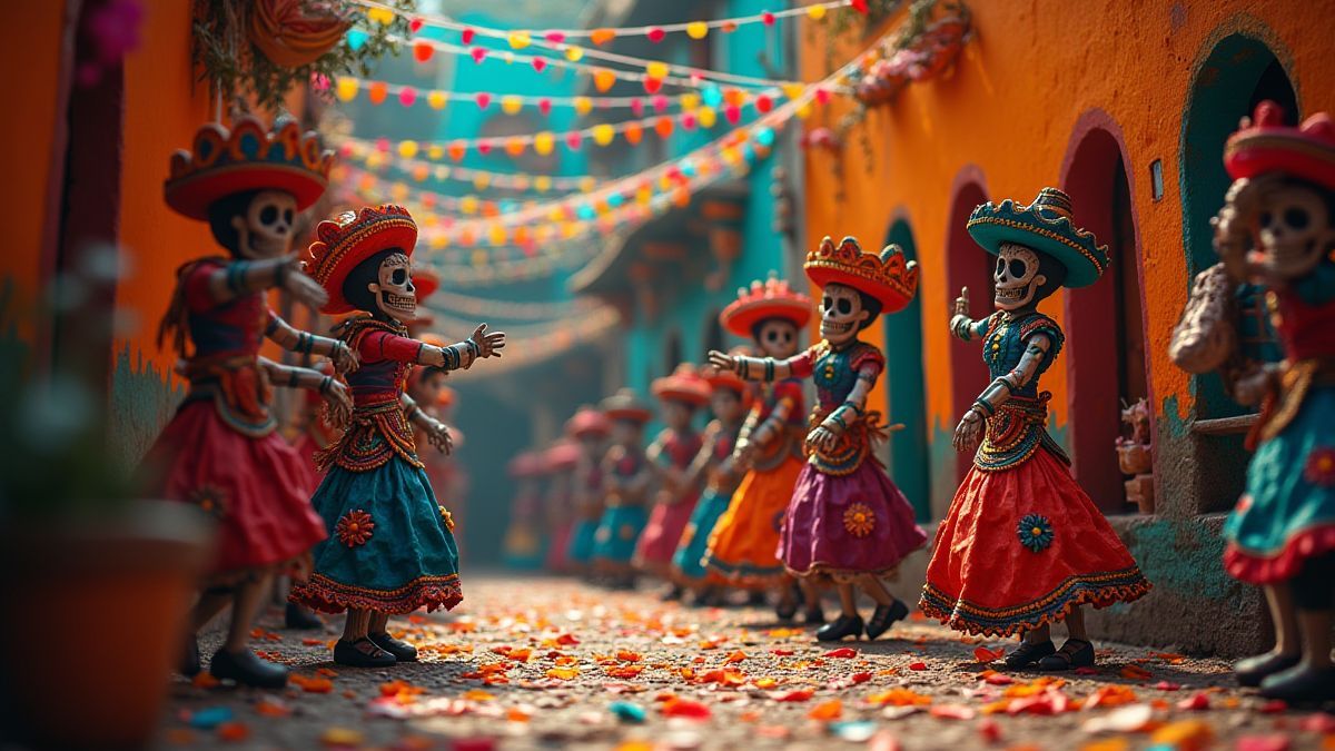 Esqueletos bailando en una fiesta del Día de Muertos.