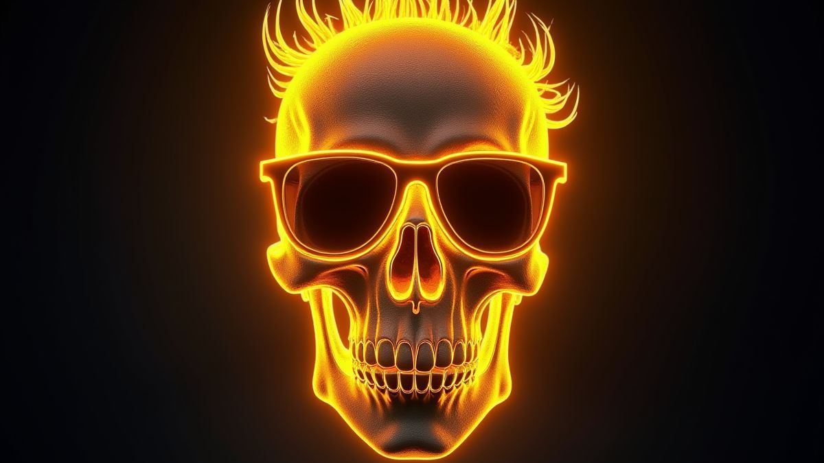 Calavera amarilla con gafas y un peinado vibrante.