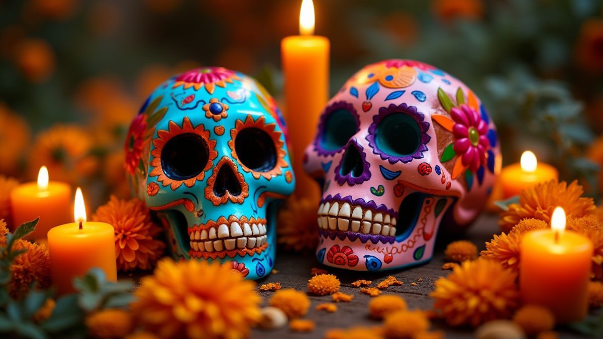 Calaveras mexicanas rodeadas de flores y velas.