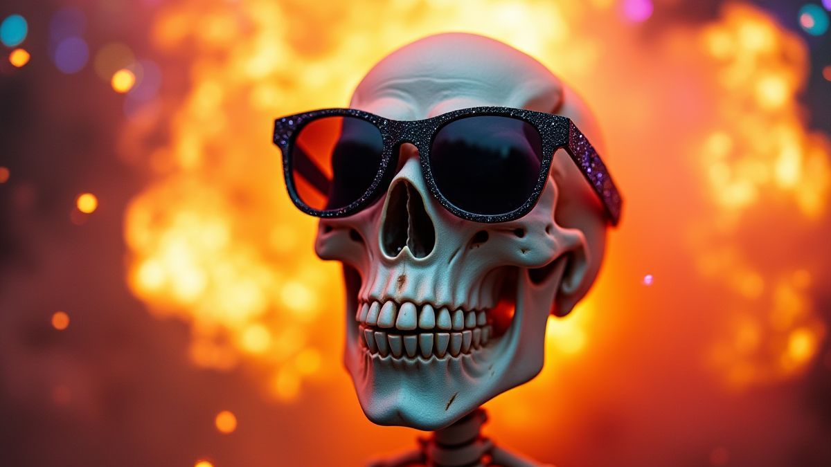 Esqueleto alegre con gafas de sol y explosiones festivas.