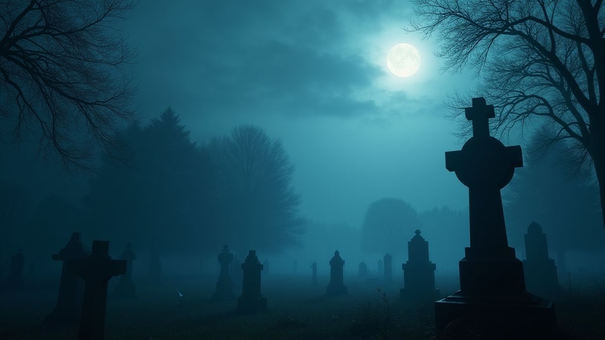 Een gothic begraafplaats omhuld door mist met maanlicht.