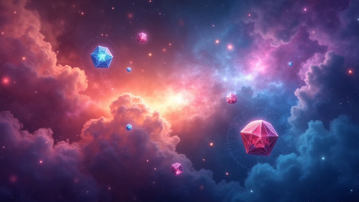 Nebulosa espacial llena de estrellas brillantes y gemas flotantes.