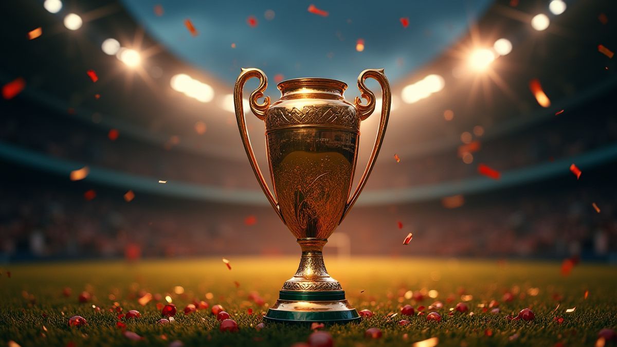 Troféu de futebol rodeado de luzes resplandecentes e confete.