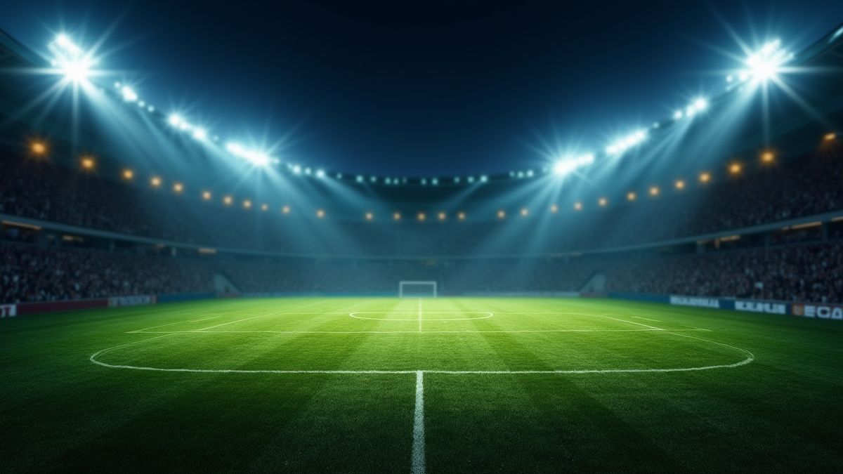 Campo de futebol com pontos de pênalti iluminados sob luzes de estádio dramáticas.
