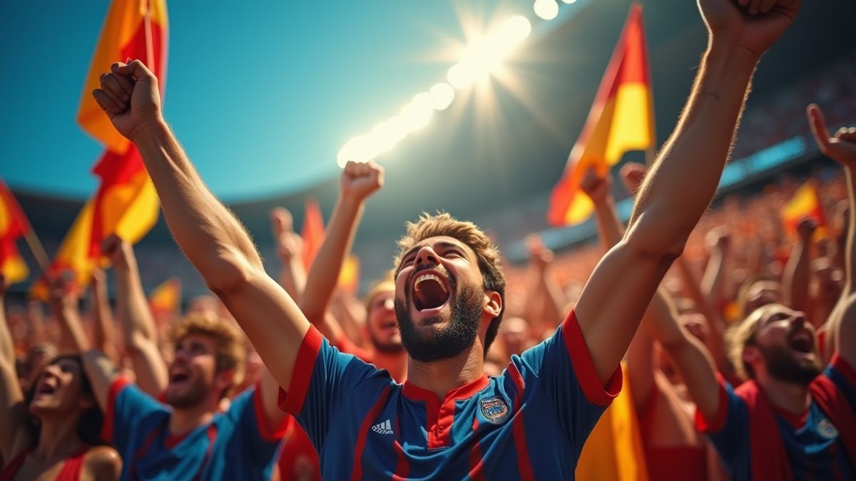 Multidão animando em um estádio com bandeiras coloridas.