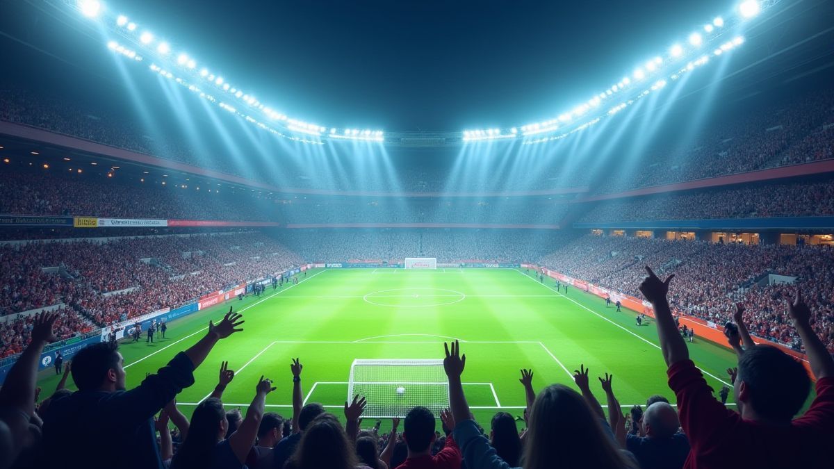 Animated football stadium with bright lights and cheering fans.
