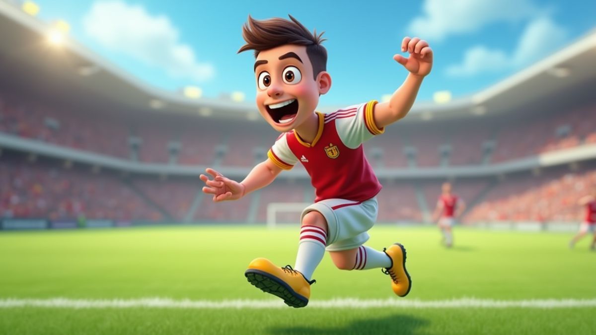 Animated football player celebrating a goal on the field.
