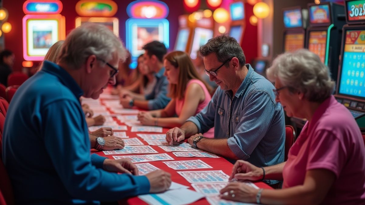 Uma sala de bingo cheia de vida com jogadores marcando suas cartas.