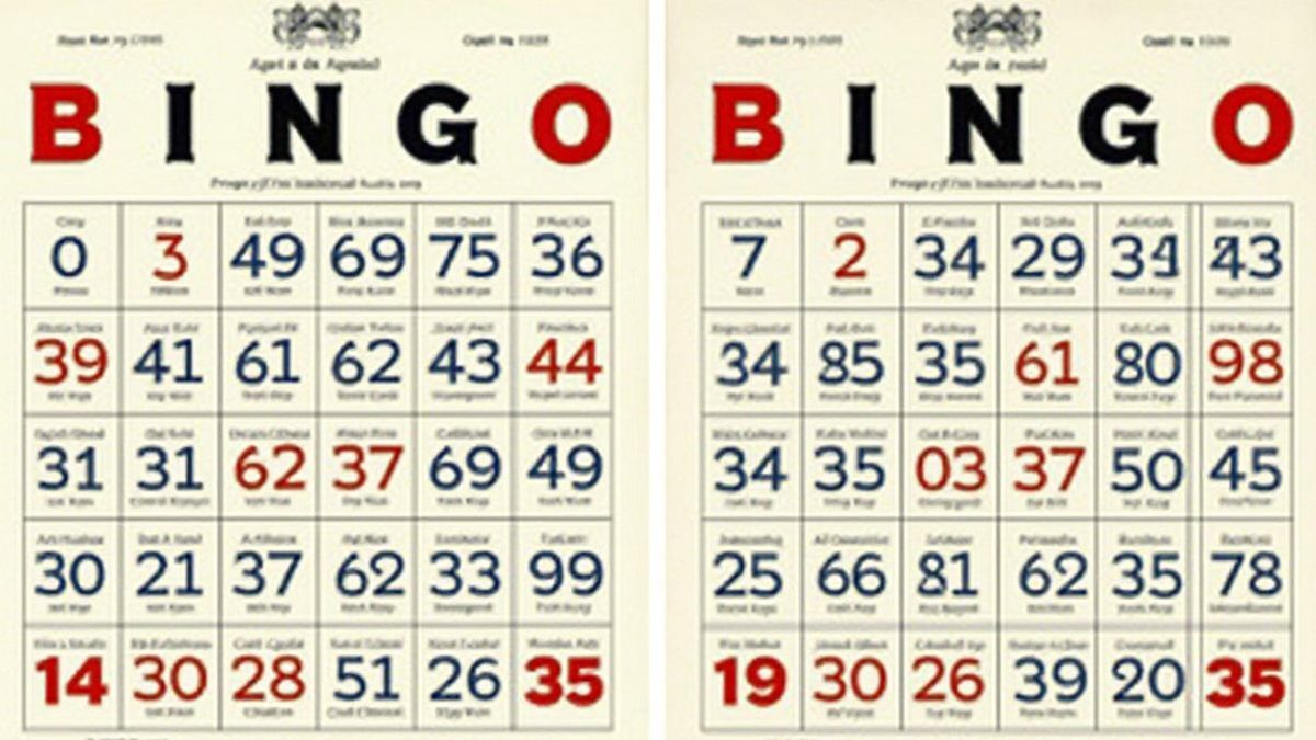 Cartão de bingo europeu com números e padrões vibrantes.