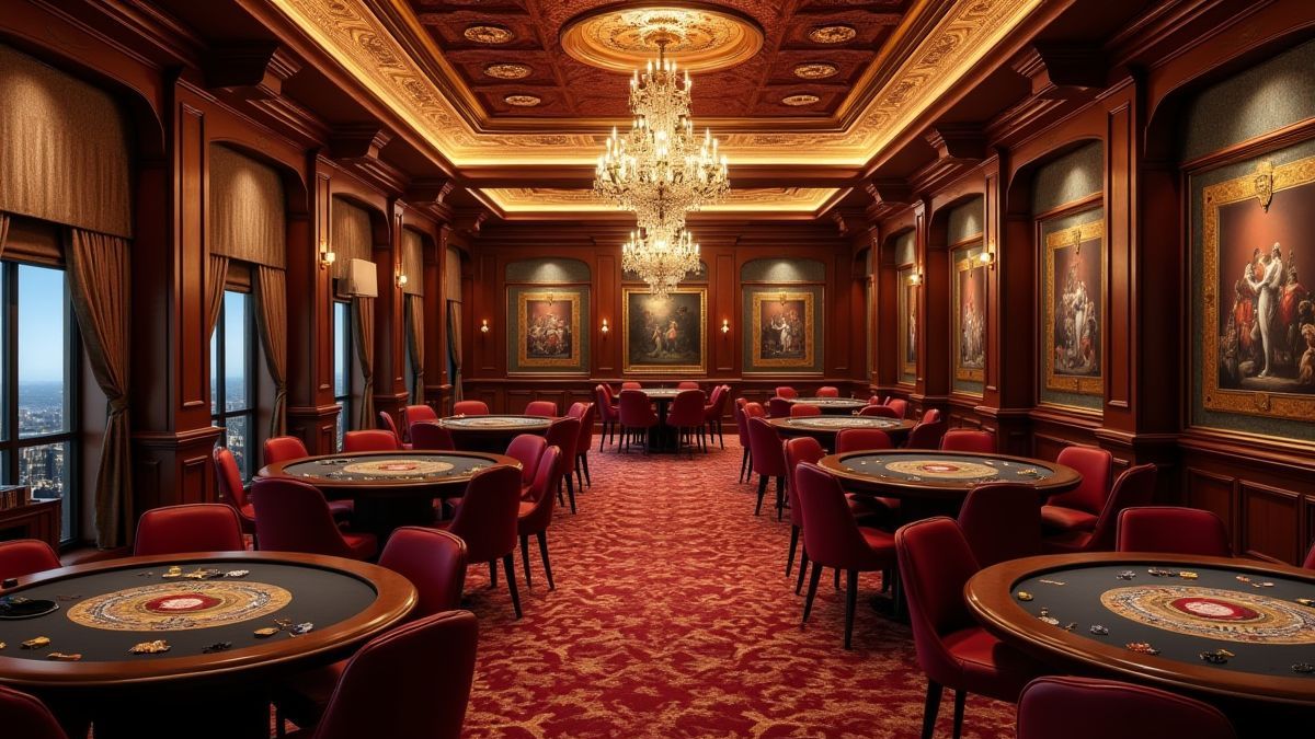 Intérieur d'un casino européen avec des tables de cartes et une décoration luxueuse.