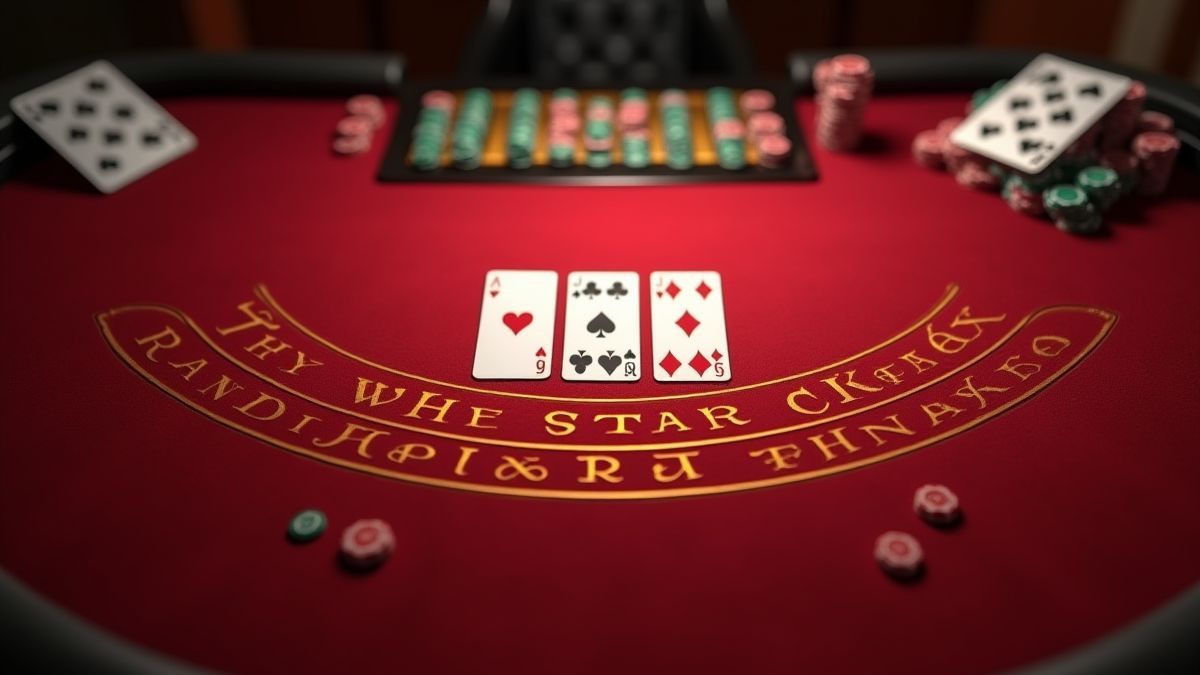 Table de Blackjack avec texture de velours et cartes organisées.