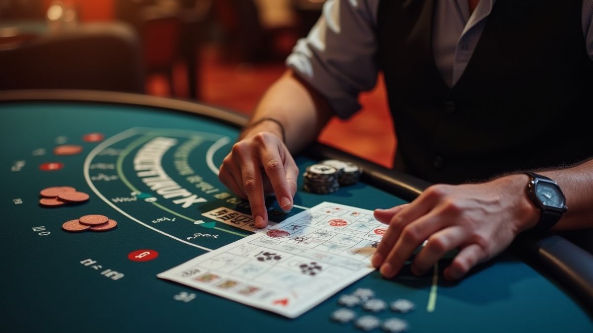 Spieler, der Blackjack-Strategien an einem Casino-Tisch überprüft