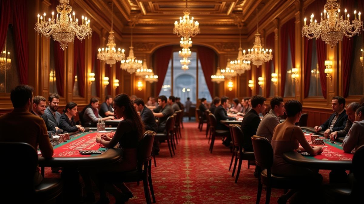 Interior de un elegante casino europeo con mesas de juego.