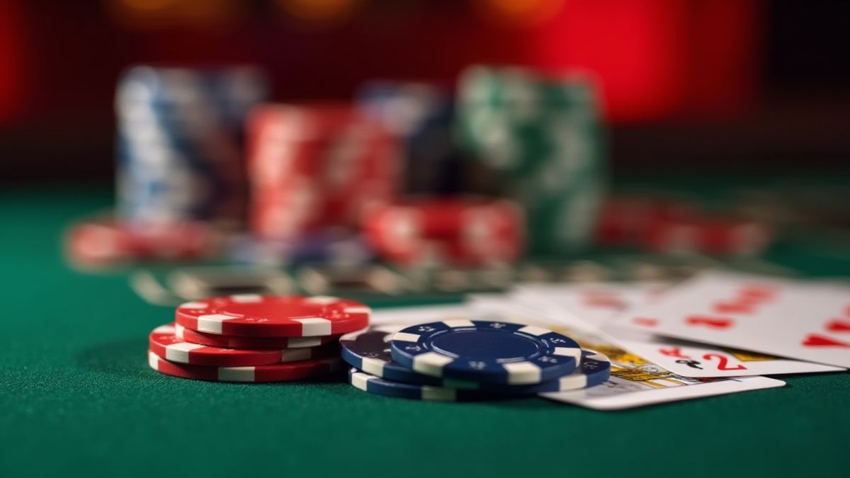 Fichas y cartas en una mesa de juego de blackjack.