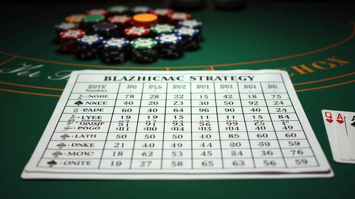 Tabla de estrategia de blackjack junto a fichas y cartas.
