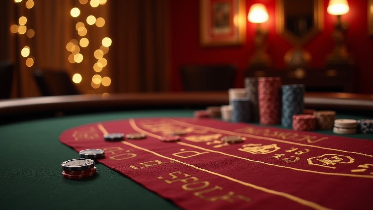 Blackjack table with luxurious decorations and chips on the felt.