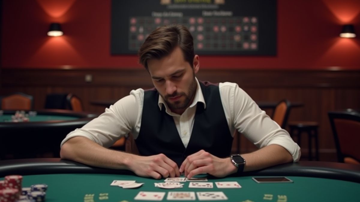 Player at a casino table thinking about their next move.