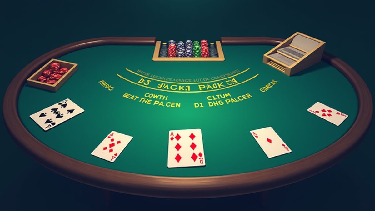 Mesa de blackjack con cartas y fichas en juego.