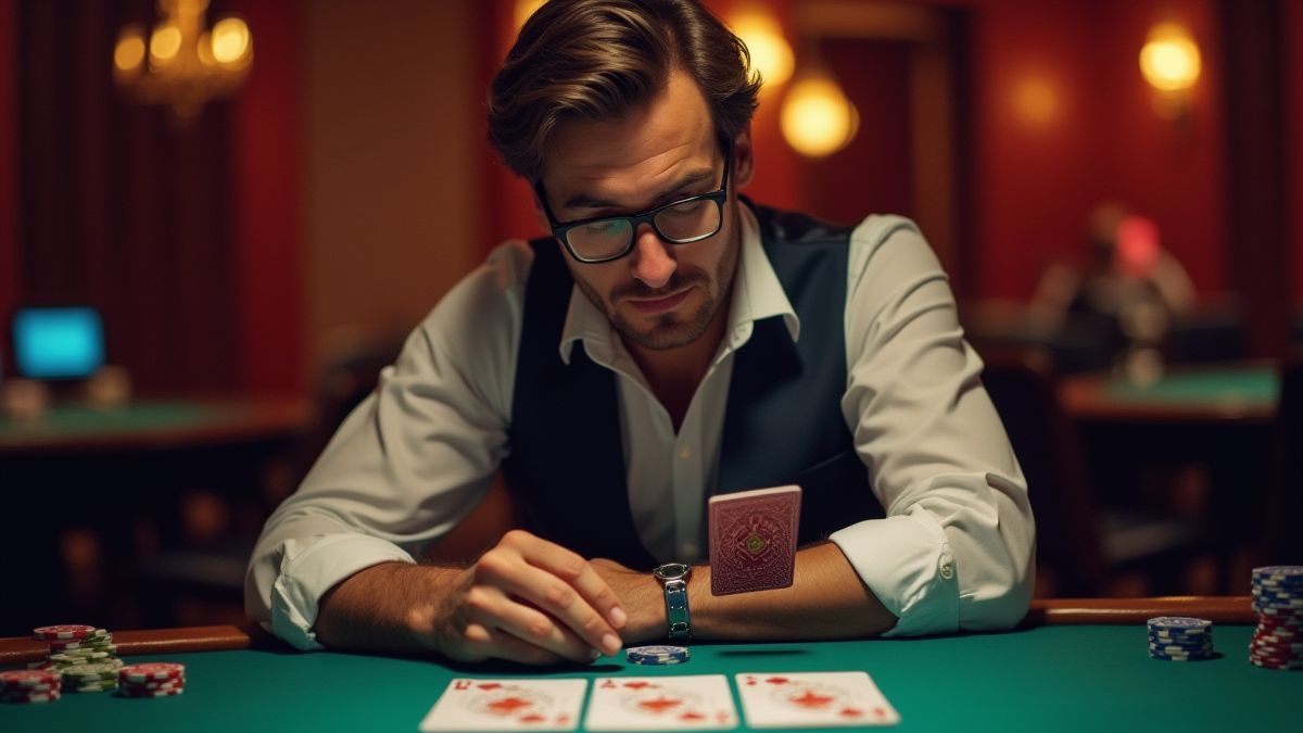 Jugador reflexionando sobre su jugada en una mesa de blackjack.