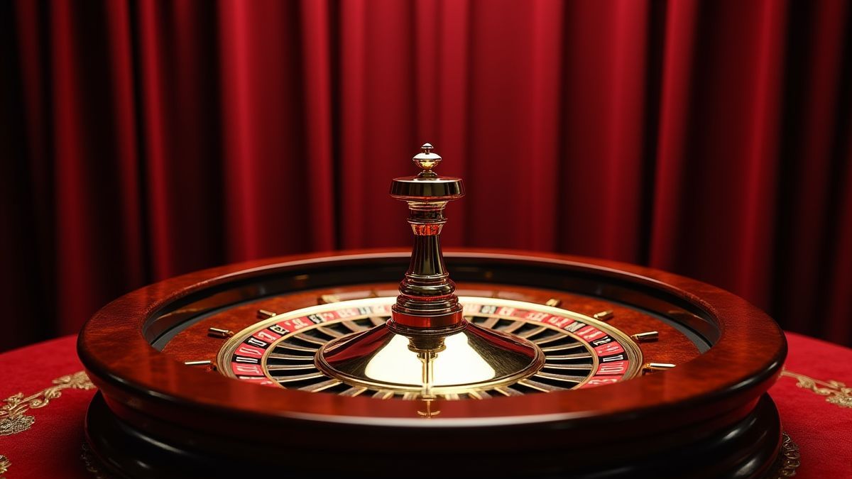 Roulette européenne avec détails dorés et cortines de velours.