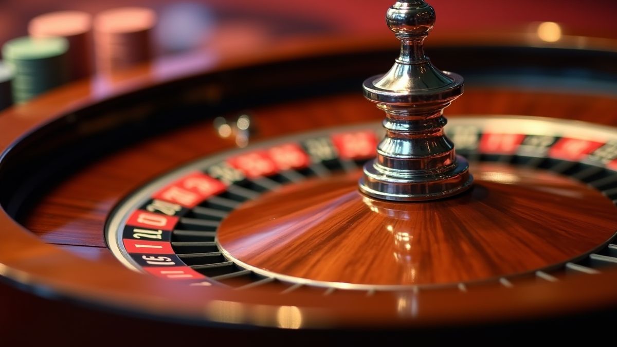 Rueda de ruleta girando con fichas apiladas en un entorno de casino elegante.