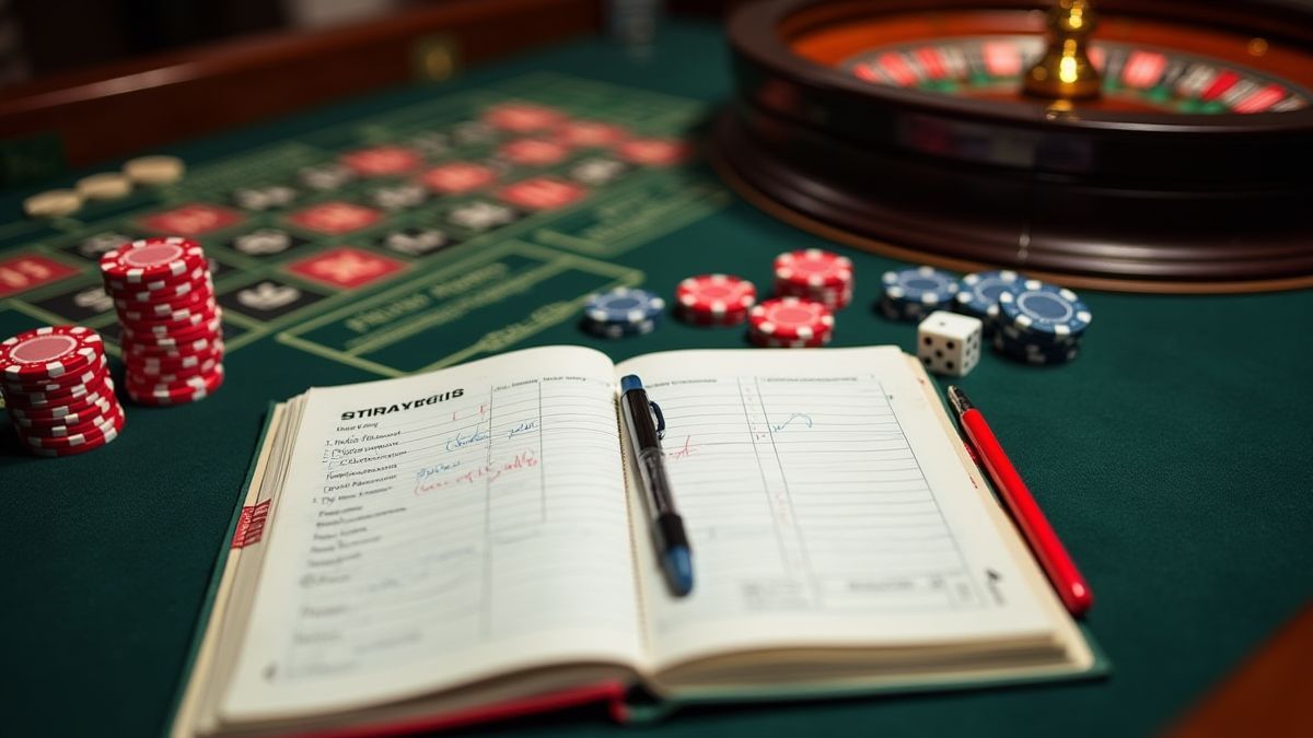 Cuaderno de estrategias abierto junto a fichas, dados y una rueda de ruleta.