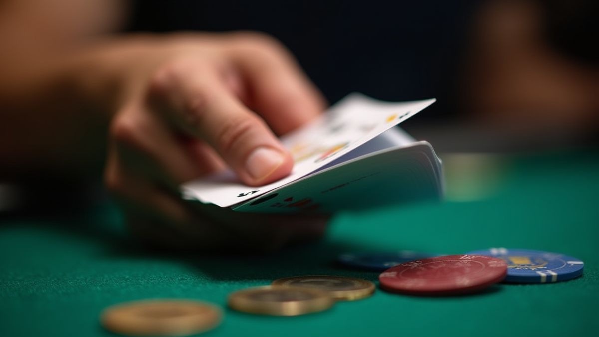 Hand die pokercards vasthoudt met fiches en munten op de tafel.