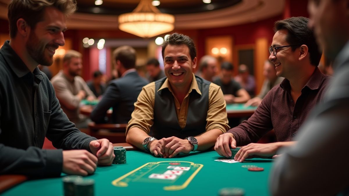 Spelers genieten van een pokerwedstrijd in een ontspannen casino.