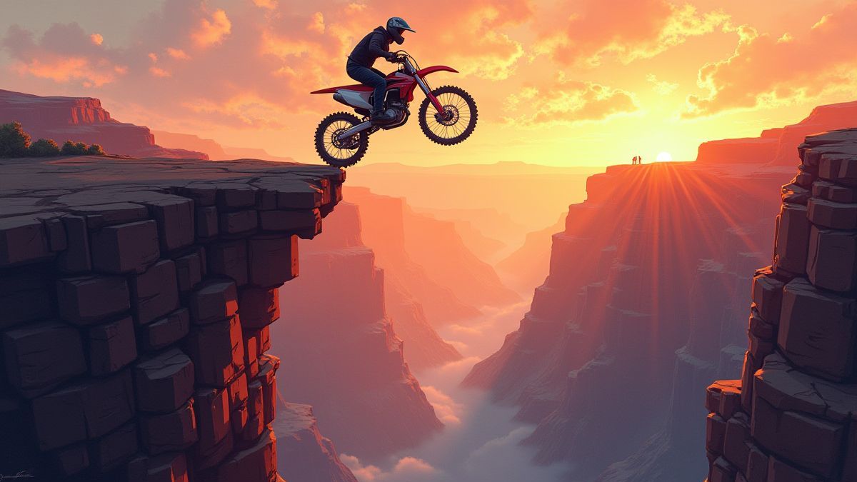 Ein Motorradfahrer, der über eine Schlucht mit dramatischer Beleuchtung springt.