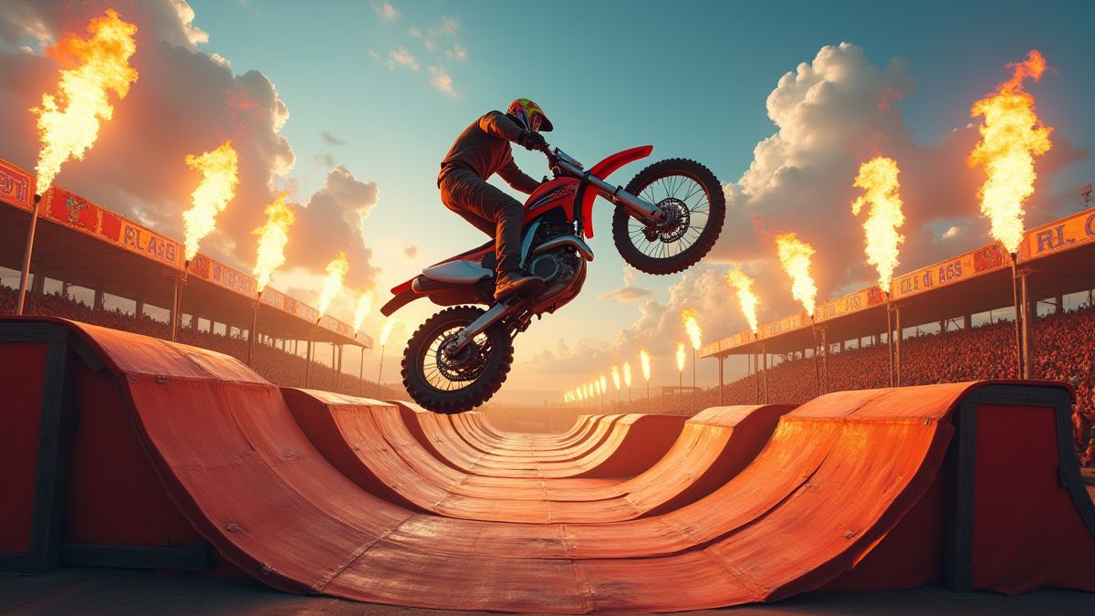 Lebendige Szene einer Motorrad-Stunt-Show mit Rampen und Feuer-Ringen in einem Karnevalsszenario.
