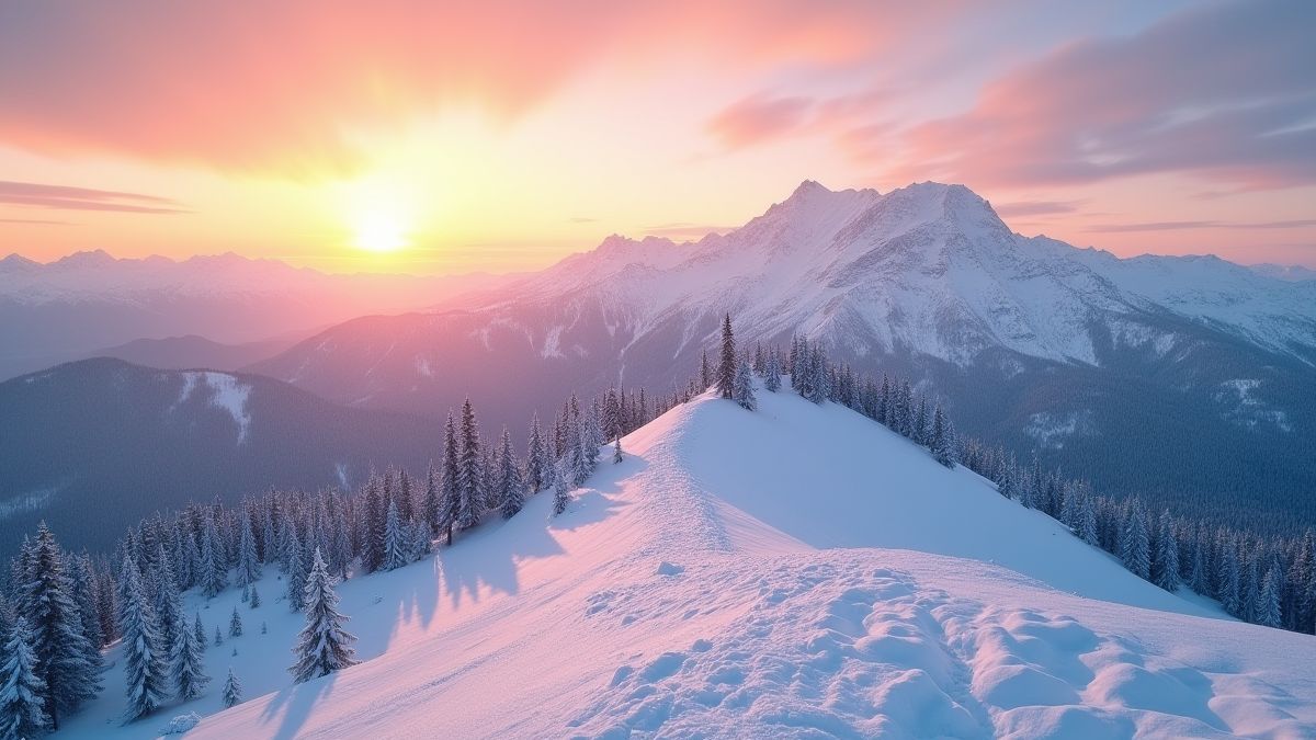 Paisagem cênica de montanha nevada com um quente pôr do sol.