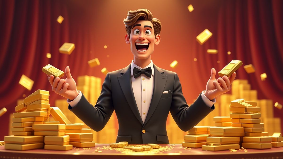 Image of a game show host surrounded by gold bars and stacks of cash.