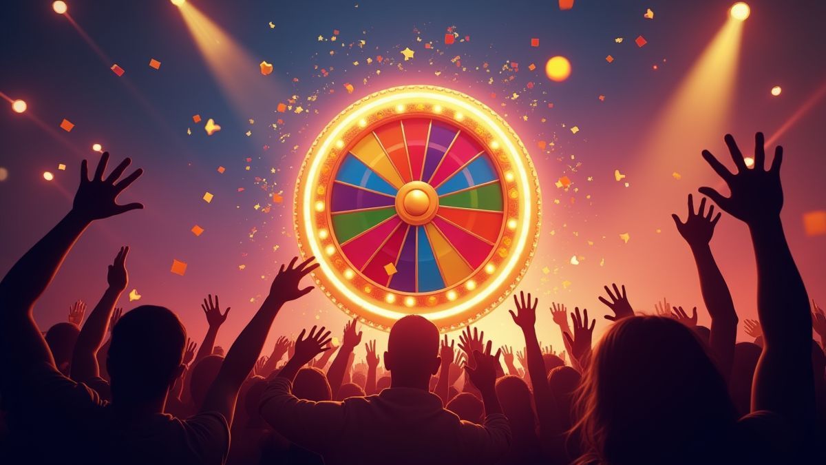 Image of a spinning jackpot wheel with confetti and contestants celebrating.