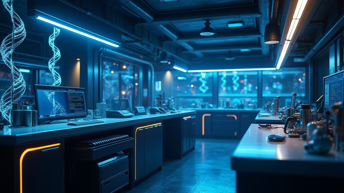 Laboratoire futuriste avec hélices d'ADN brillantes et technologie avancée.