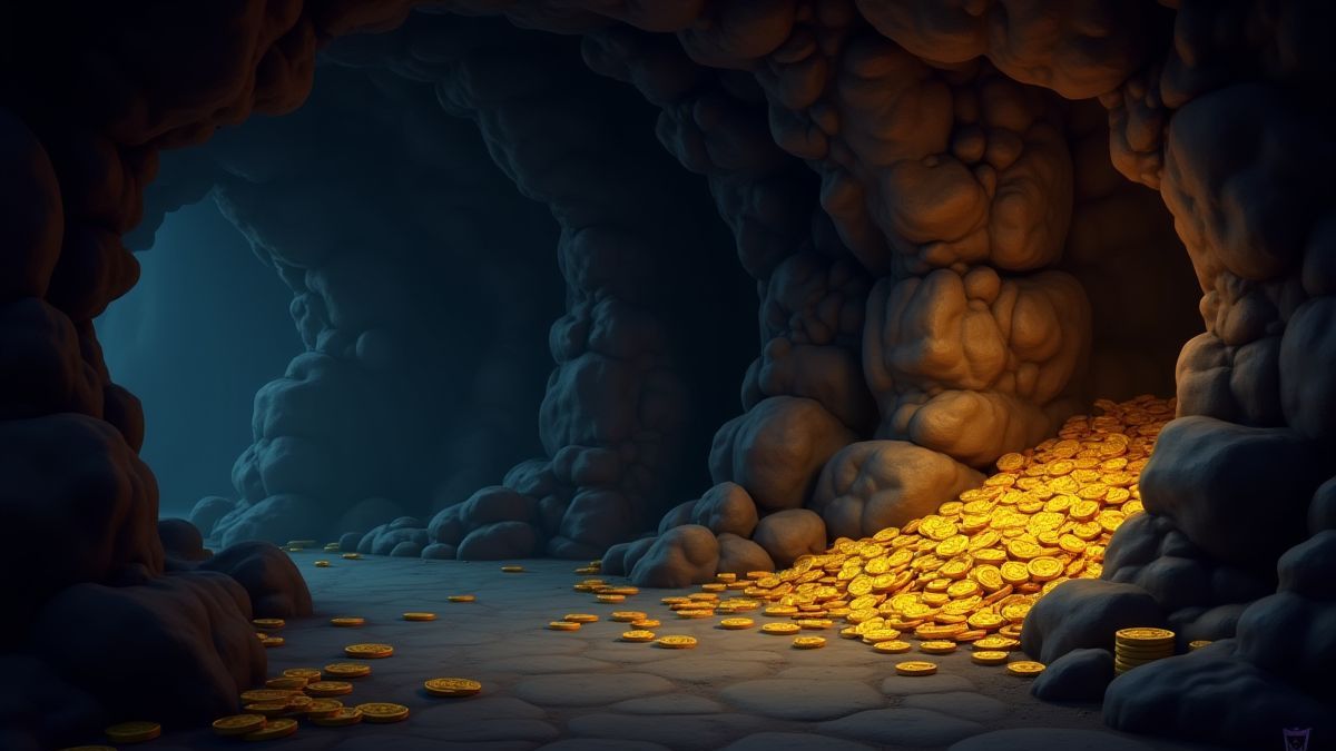 Een donkere grot met hopen gouden munten en schaduwen van goblins die op de loer liggen.