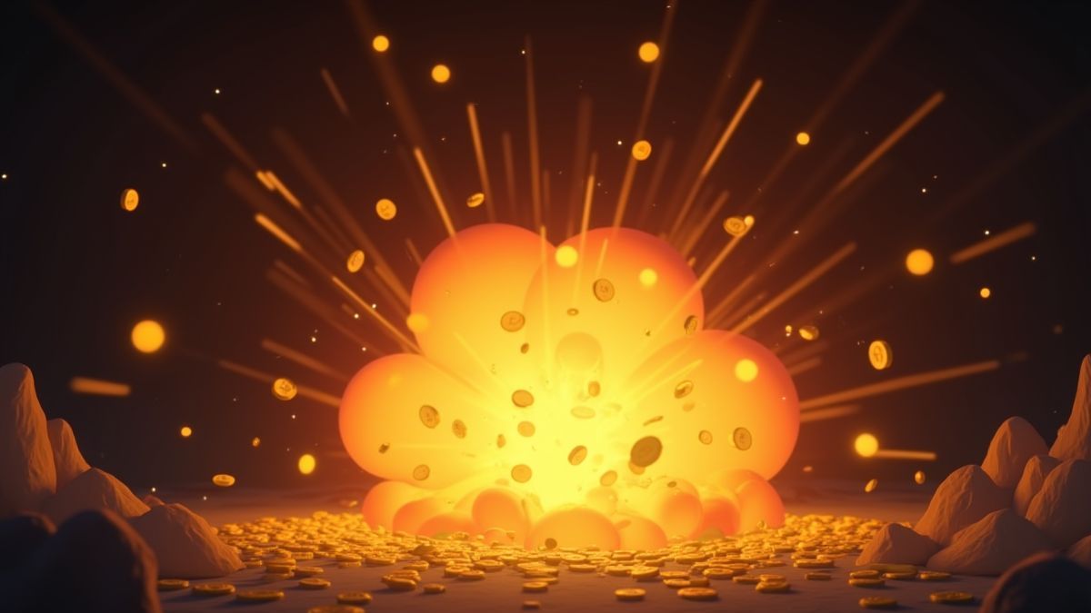 Een animatiescène van een explosie met gouden munten die door een donkere grot vliegen.