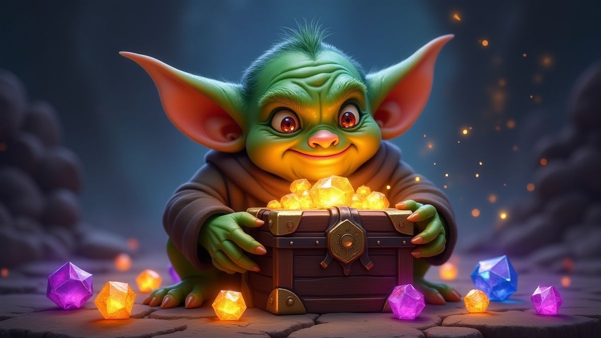 Een ondeugende goblin die een schatkist vasthoudt, omringd door glinsterende edelstenen.