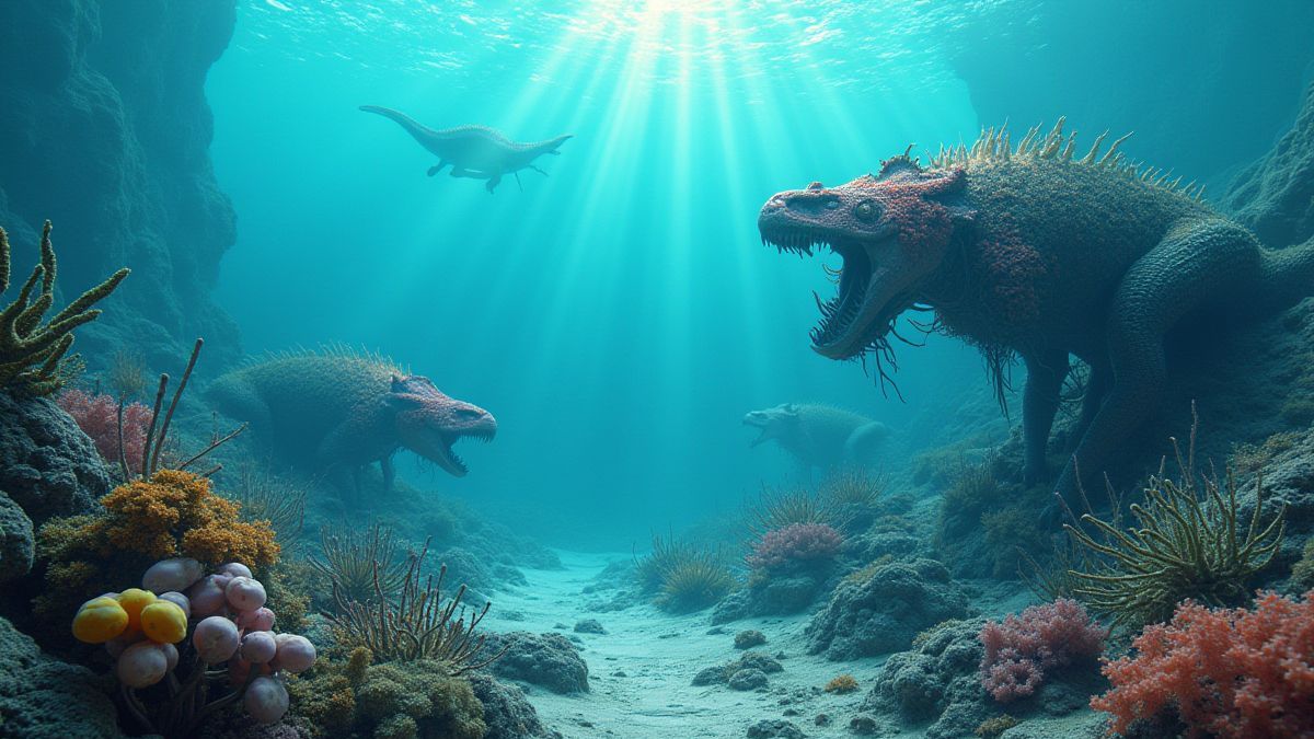 Escena submarina con criaturas prehistóricas evolucionando.