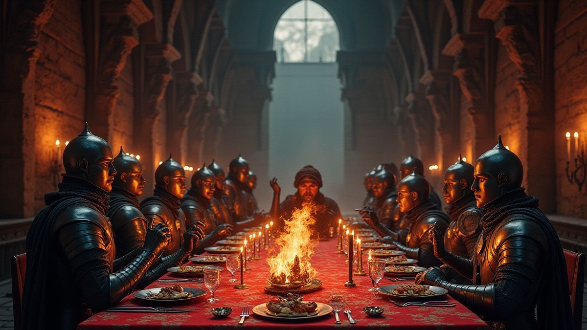 Banquete medieval com cavaleiros e elementos mágicos.