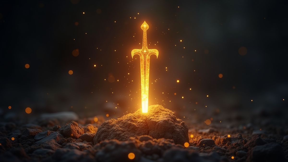 Espada dourada em uma roca rodeada de luzes mágicas.