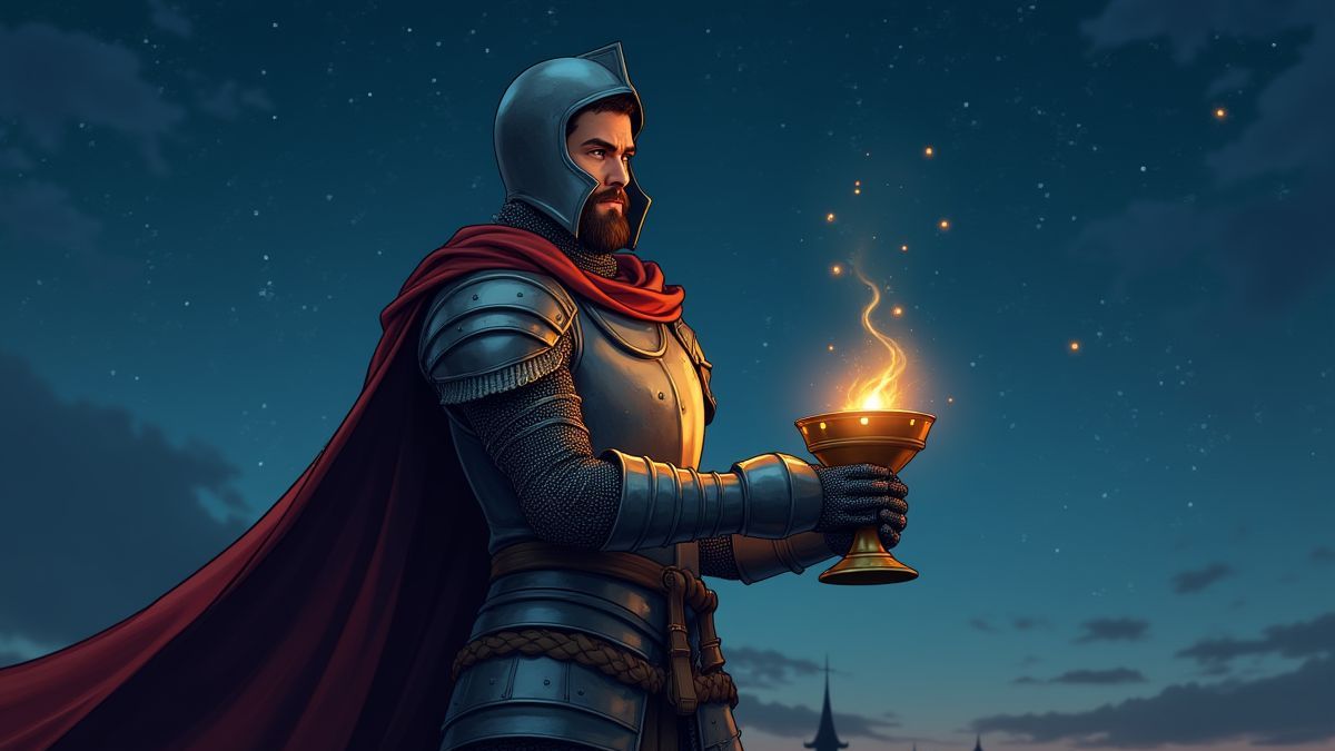 Cavaleiro medieval segurando um cálice brilhante sob um céu estrelado.