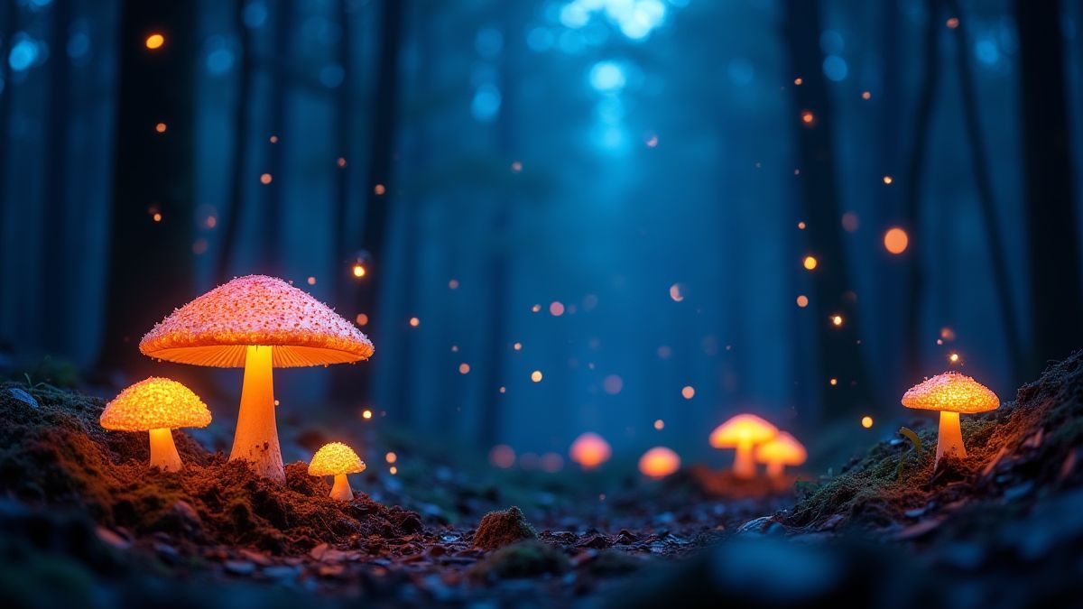 Bosque nocturno con hongos brillantes y luciérnagas.