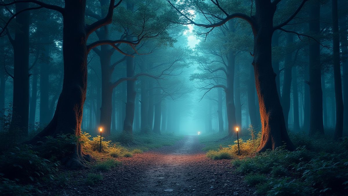 Bosque mágico que cambia del día a la noche.