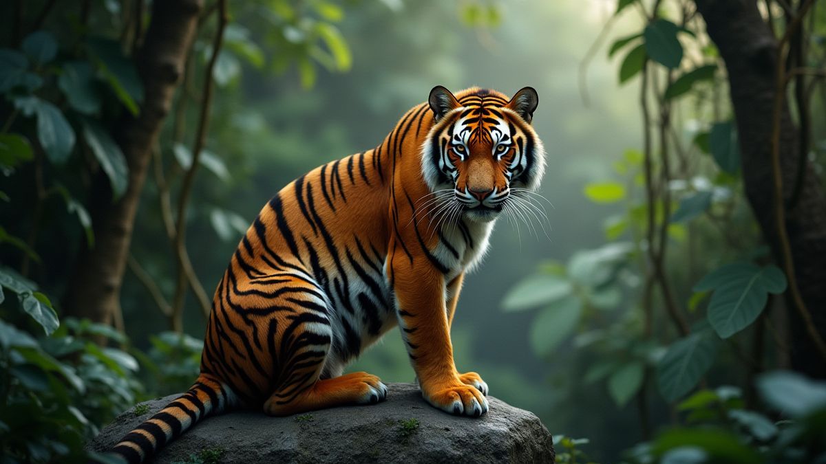 Un tigre sobre una roca en la jungla rodeado de lianas.